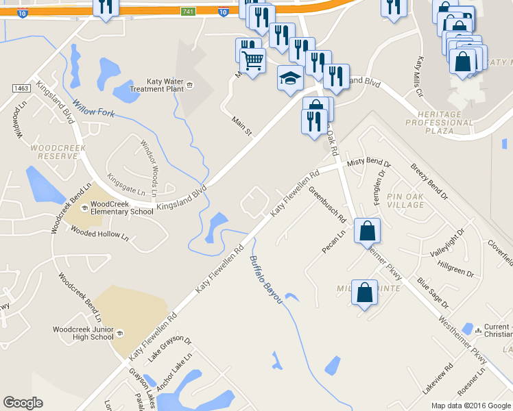 map of restaurants, bars, coffee shops, grocery stores, and more near 1550 Katy Flewellen Road in Katy
