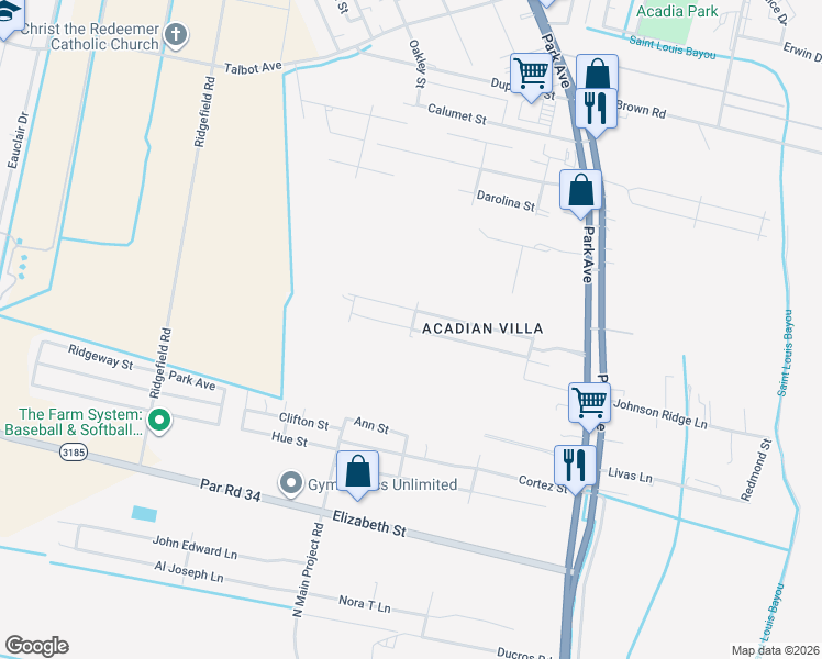 map of restaurants, bars, coffee shops, grocery stores, and more near 2298 Gabreten Lane in Thibodaux