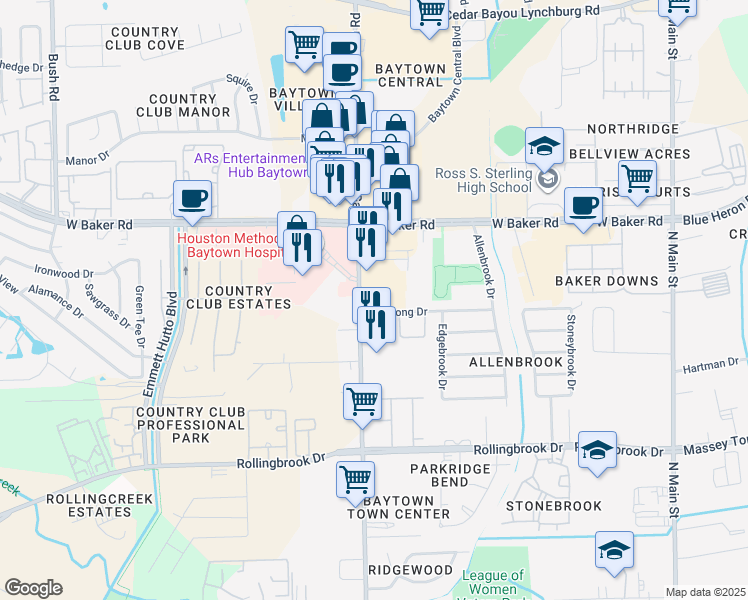 map of restaurants, bars, coffee shops, grocery stores, and more near 4006 Garth Road in Baytown
