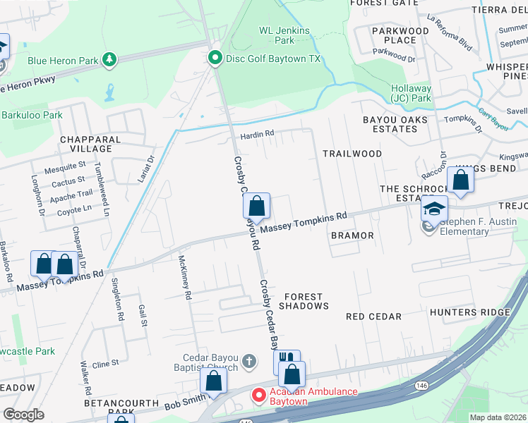 map of restaurants, bars, coffee shops, grocery stores, and more near 3900 Crosby Cedar Bayou Road in Baytown