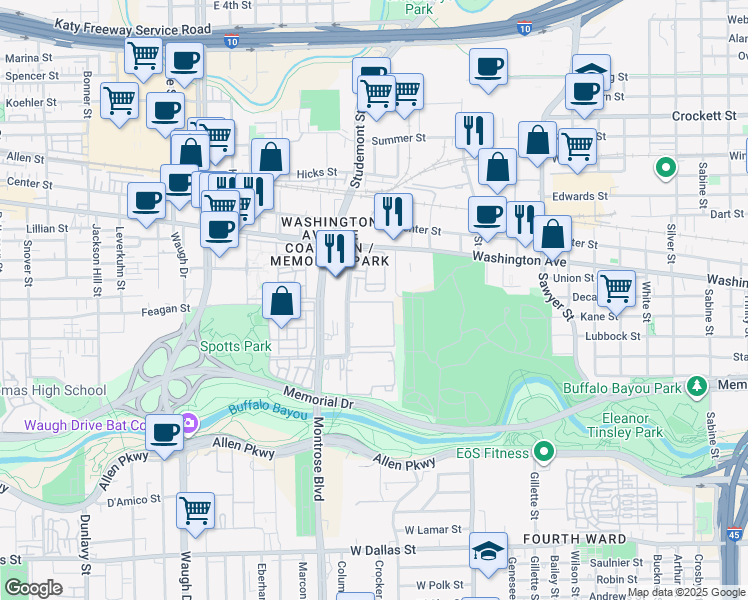 map of restaurants, bars, coffee shops, grocery stores, and more near 616 Memorial Heights Drive in Houston