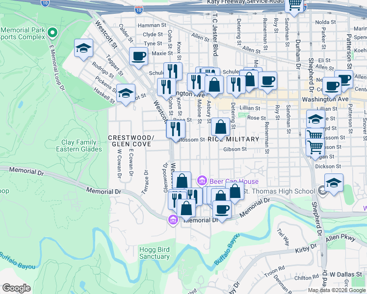map of restaurants, bars, coffee shops, grocery stores, and more near 602 Knox Street in Houston
