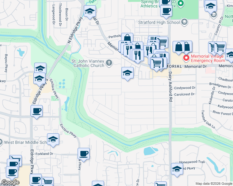 map of restaurants, bars, coffee shops, grocery stores, and more near 14810 Carolcrest Drive in Houston