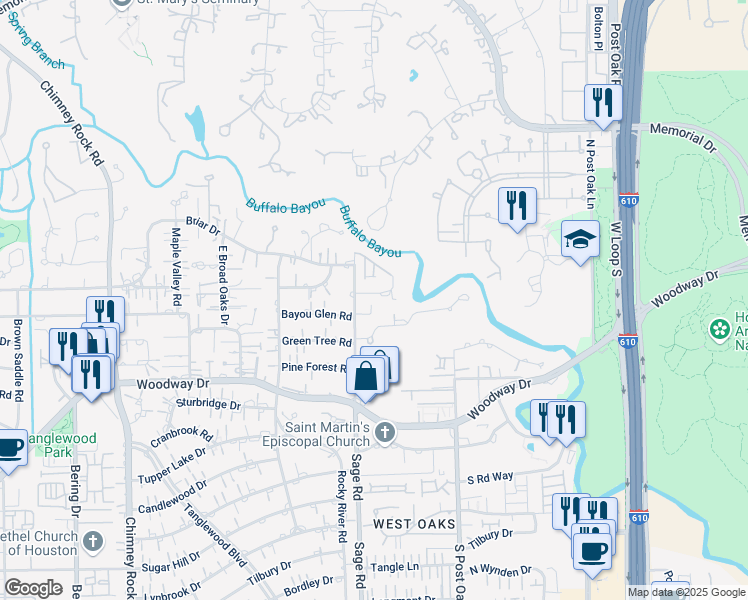 map of restaurants, bars, coffee shops, grocery stores, and more near 221 Sage Road in Houston