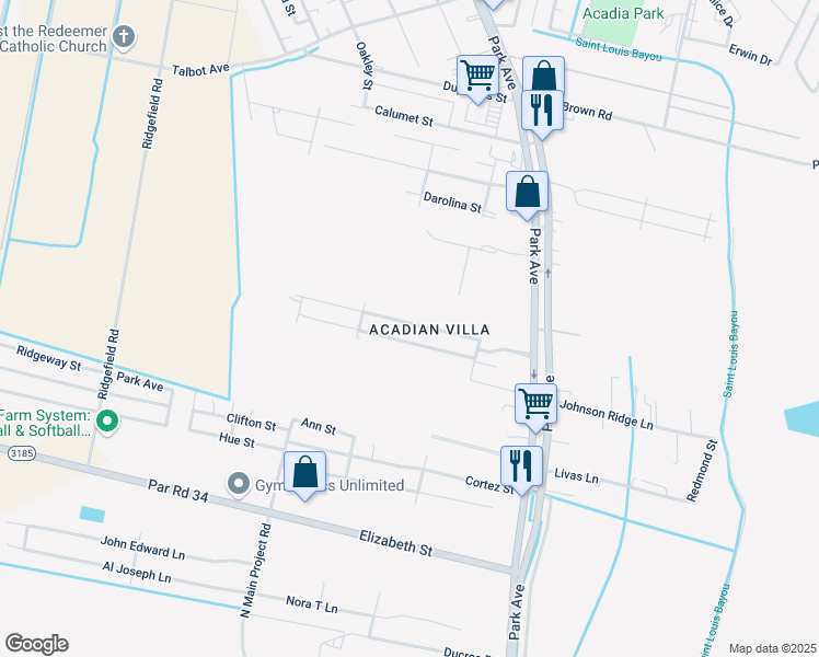 map of restaurants, bars, coffee shops, grocery stores, and more near 216 Gloria Street in Thibodaux
