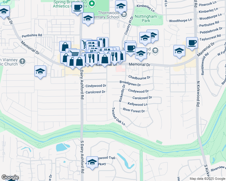 map of restaurants, bars, coffee shops, grocery stores, and more near 558 Winter Oaks Drive in Houston
