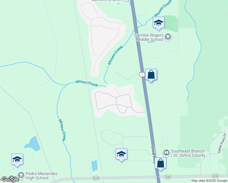 map of restaurants, bars, coffee shops, grocery stores, and more near 417 Leotta Drive in St. Augustine