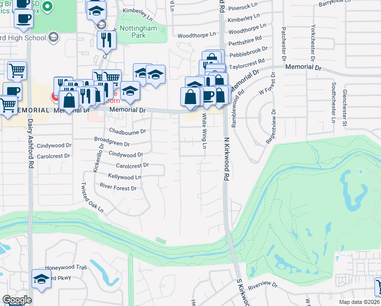 map of restaurants, bars, coffee shops, grocery stores, and more near 607 White Wing Lane in Houston