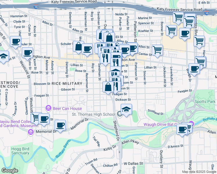 map of restaurants, bars, coffee shops, grocery stores, and more near 4819 Blossom Street in Houston