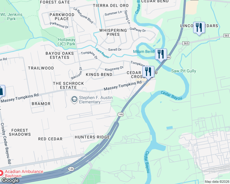 map of restaurants, bars, coffee shops, grocery stores, and more near 3610 Massey Tompkins Road in Baytown