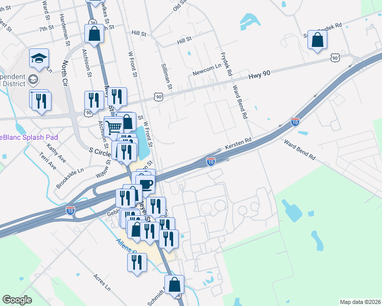 map of restaurants, bars, coffee shops, grocery stores, and more near 233 Kersten Road in Sealy