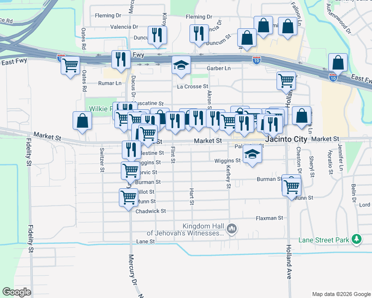 map of restaurants, bars, coffee shops, grocery stores, and more near 10523 Market Street in Houston