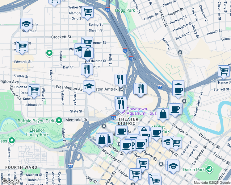 map of restaurants, bars, coffee shops, grocery stores, and more near 410 Washington Avenue in Houston