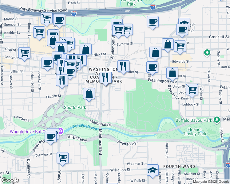 map of restaurants, bars, coffee shops, grocery stores, and more near 802 Memorial Heights Drive in Houston