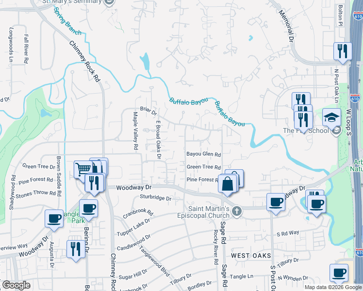 map of restaurants, bars, coffee shops, grocery stores, and more near 31 East Broad Oaks Drive in Houston