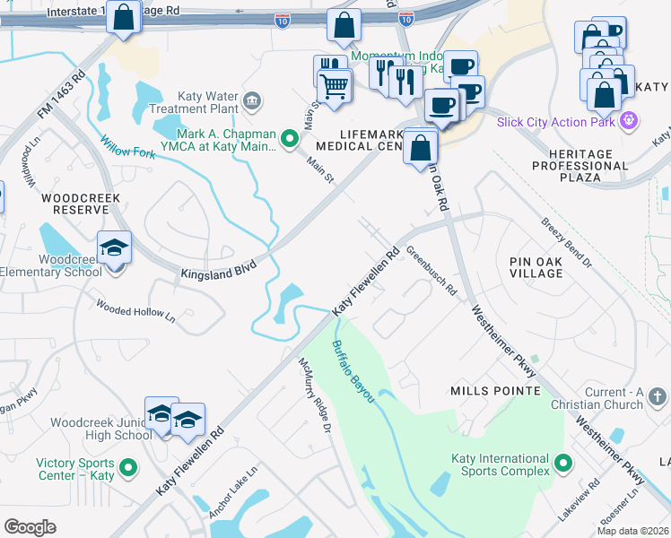 map of restaurants, bars, coffee shops, grocery stores, and more near 1550 Katy Flewellen Road in Katy
