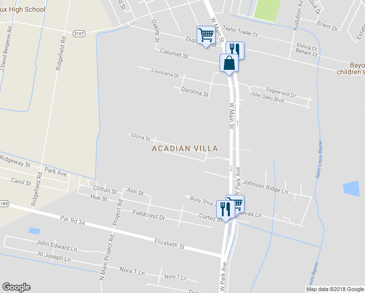 map of restaurants, bars, coffee shops, grocery stores, and more near 214C Gloria Street in Thibodaux