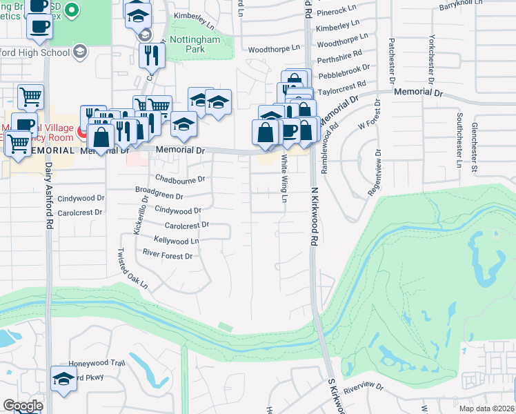 map of restaurants, bars, coffee shops, grocery stores, and more near 608 Rancho Bauer Drive in Houston