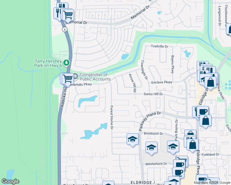 map of restaurants, bars, coffee shops, grocery stores, and more near 1103 Forest Home Drive in Houston