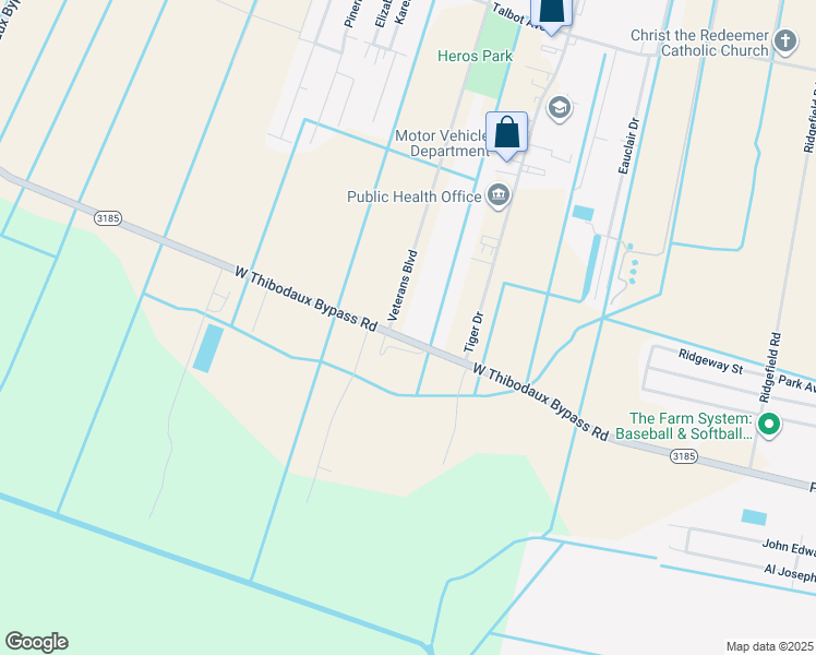 map of restaurants, bars, coffee shops, grocery stores, and more near 2594 Veterans Boulevard in Thibodaux