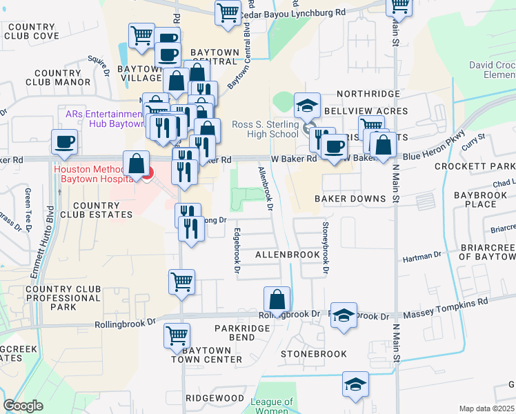 map of restaurants, bars, coffee shops, grocery stores, and more near 4109 Allenbrook Drive in Baytown
