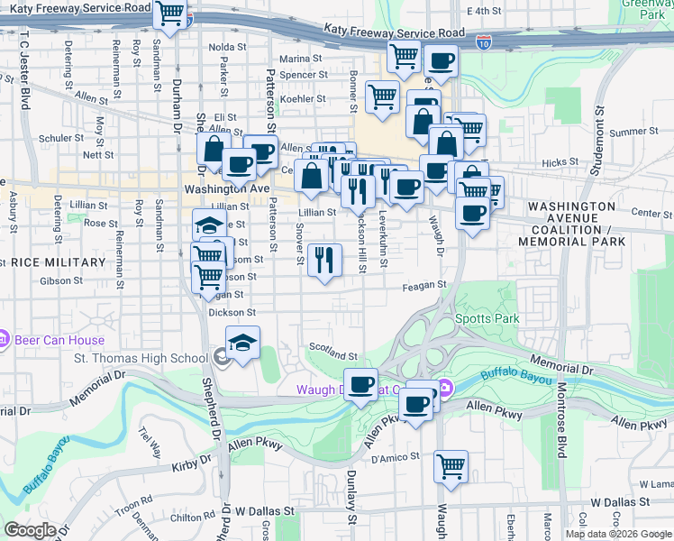 map of restaurants, bars, coffee shops, grocery stores, and more near 4115 Blossom Street in Houston