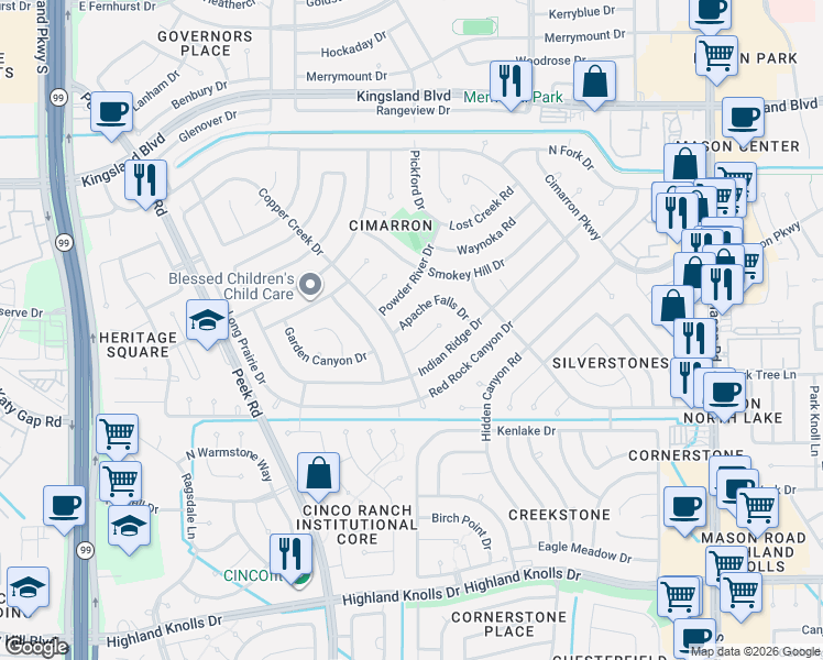 map of restaurants, bars, coffee shops, grocery stores, and more near 1059 Apache Falls Drive in Katy