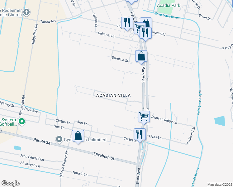 map of restaurants, bars, coffee shops, grocery stores, and more near 200-214 Gloria Street in Thibodaux