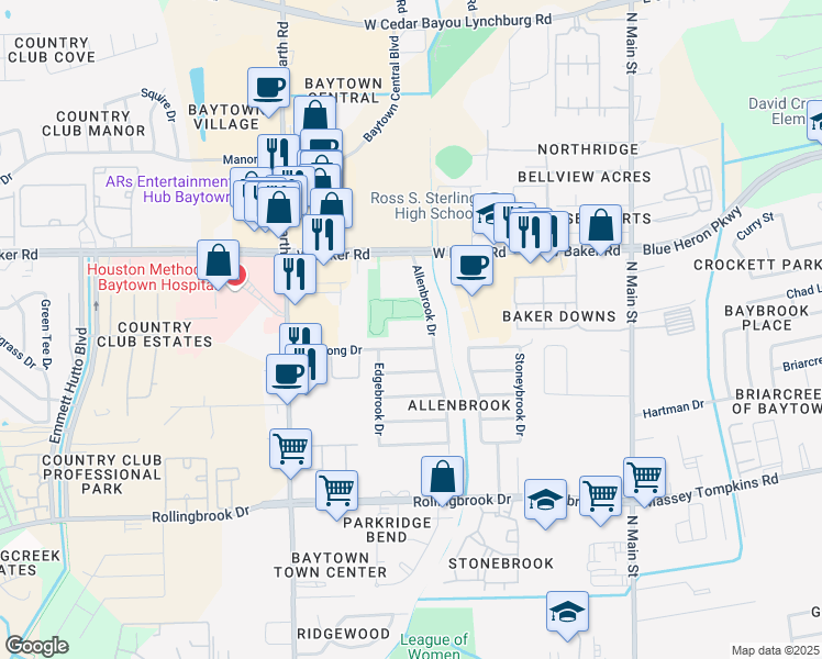 map of restaurants, bars, coffee shops, grocery stores, and more near 4109 Allenbrook Drive in Baytown