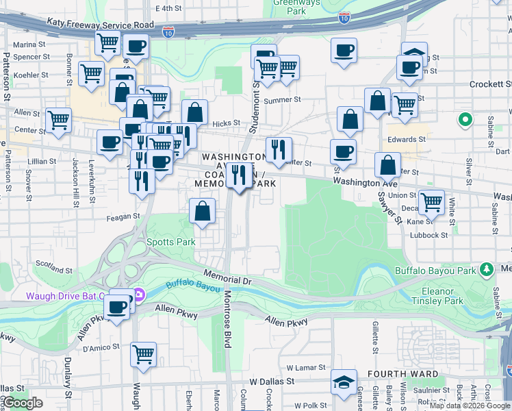 map of restaurants, bars, coffee shops, grocery stores, and more near 802 Memorial Heights Drive in Houston