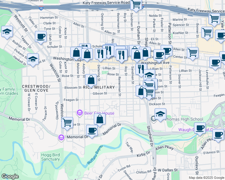 map of restaurants, bars, coffee shops, grocery stores, and more near 5234 Blossom Street in Houston