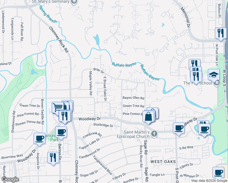 map of restaurants, bars, coffee shops, grocery stores, and more near 31 East Broad Oaks Drive in Houston