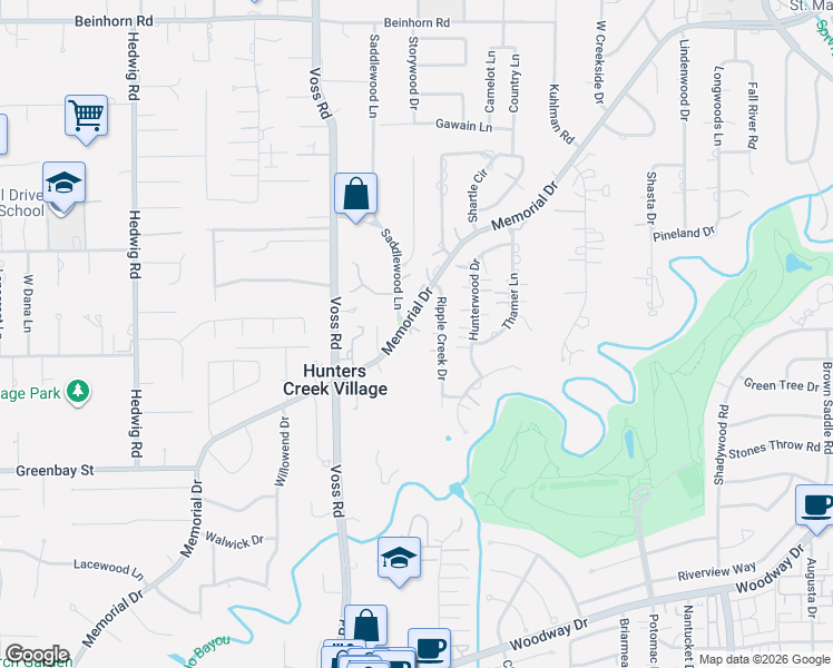 map of restaurants, bars, coffee shops, grocery stores, and more near 505 Ripple Creek Drive in Houston