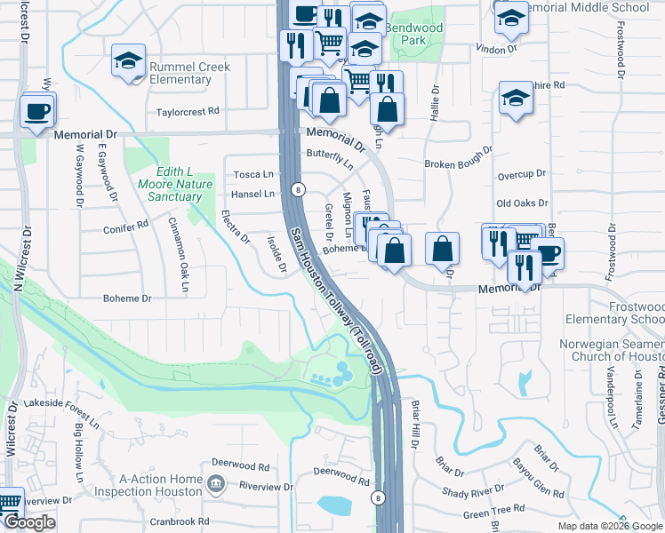 map of restaurants, bars, coffee shops, grocery stores, and more near 12805 Boheme Drive in Houston