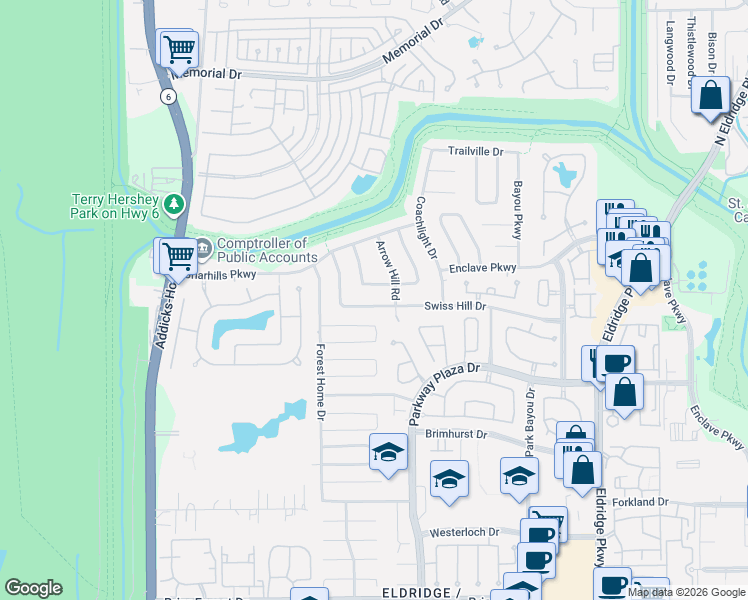map of restaurants, bars, coffee shops, grocery stores, and more near 14127 Glacier Hill Drive in Houston