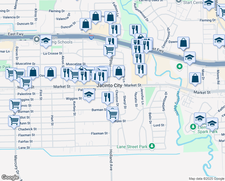 map of restaurants, bars, coffee shops, grocery stores, and more near in Jacinto City