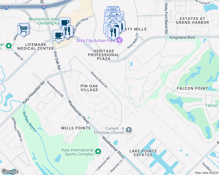 map of restaurants, bars, coffee shops, grocery stores, and more near 1615 Breezy Bend Drive in Katy