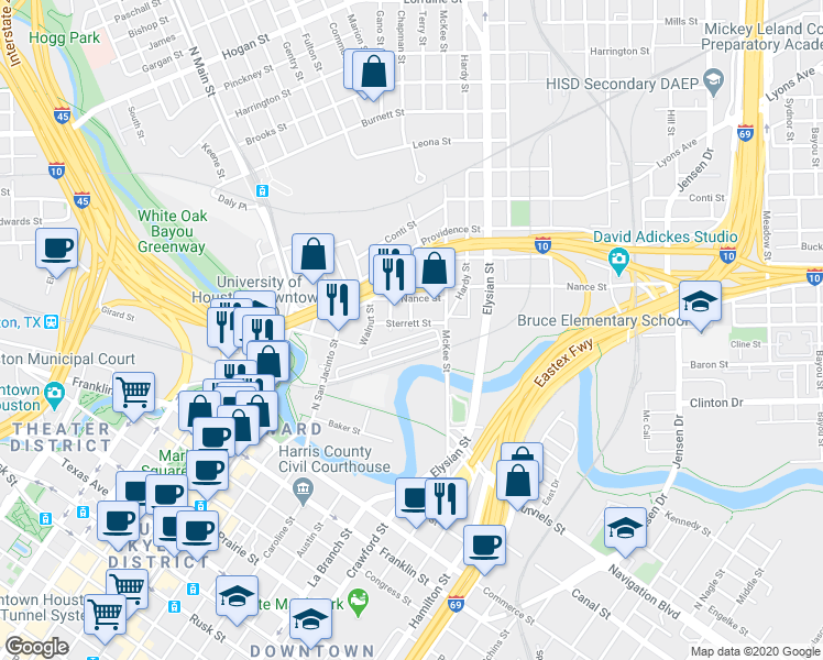 map of restaurants, bars, coffee shops, grocery stores, and more near 705 William Street in Houston