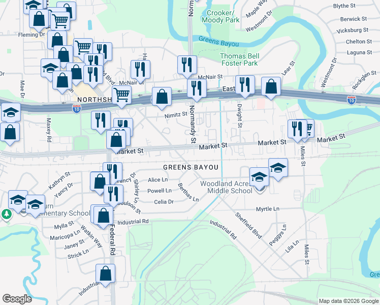 map of restaurants, bars, coffee shops, grocery stores, and more near 12778 Market Street in Houston