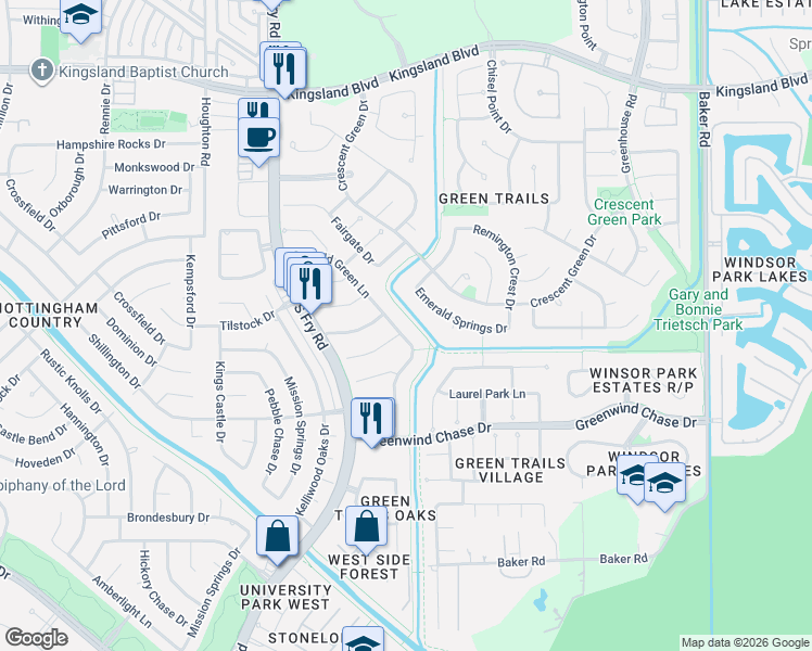map of restaurants, bars, coffee shops, grocery stores, and more near 1415 Emerald Green Lane in Houston