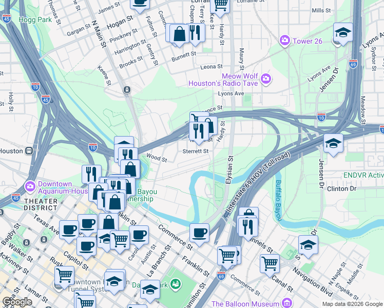 map of restaurants, bars, coffee shops, grocery stores, and more near 711 William Street in Houston