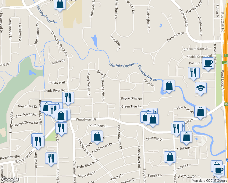 map of restaurants, bars, coffee shops, grocery stores, and more near 31 East Broad Oaks Drive in Houston