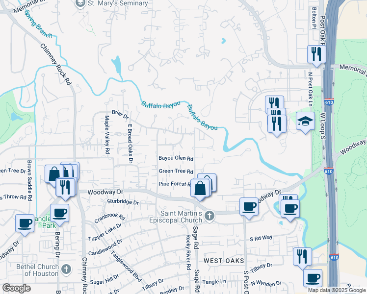 map of restaurants, bars, coffee shops, grocery stores, and more near 5215 Shady River Drive in Houston