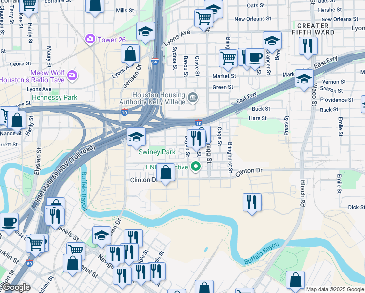 map of restaurants, bars, coffee shops, grocery stores, and more near 602 Sydnor Street in Houston