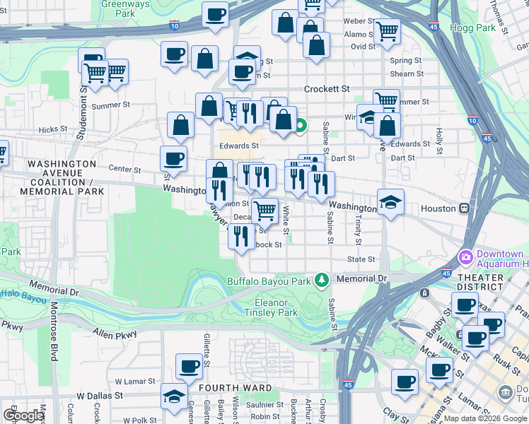 map of restaurants, bars, coffee shops, grocery stores, and more near 2011 Union Street in Houston