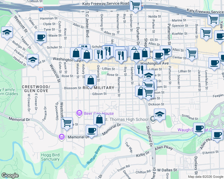 map of restaurants, bars, coffee shops, grocery stores, and more near 5234 Blossom Street in Houston