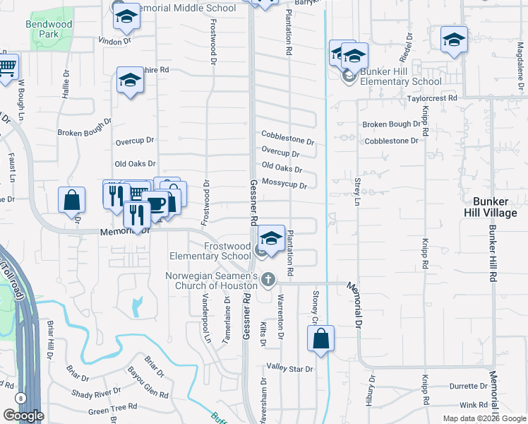 map of restaurants, bars, coffee shops, grocery stores, and more near 12231 Boheme Drive in Houston