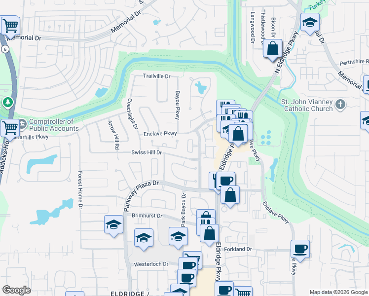 map of restaurants, bars, coffee shops, grocery stores, and more near 34 Blooming Grove Lane in Houston