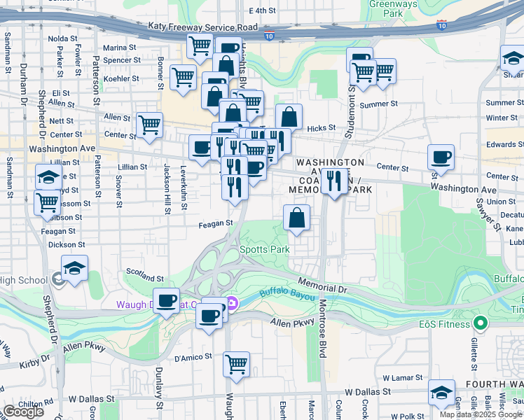 map of restaurants, bars, coffee shops, grocery stores, and more near 225 South Heights Boulevard in Houston