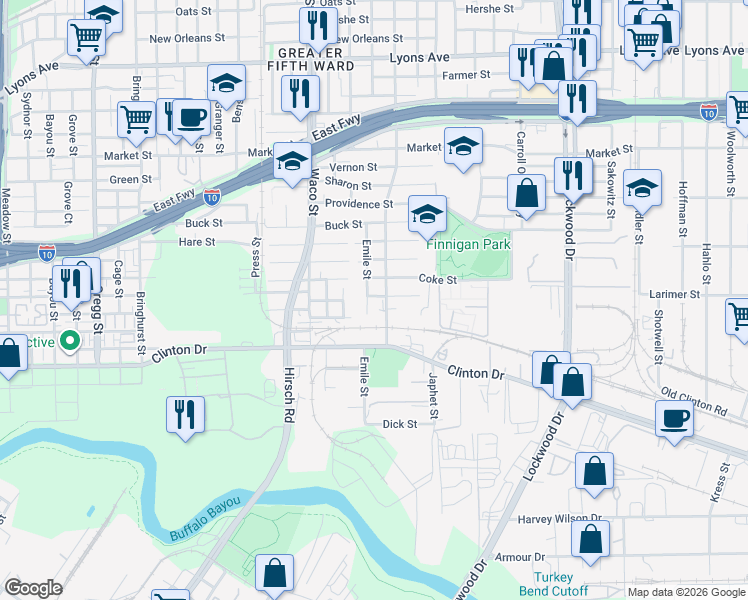 map of restaurants, bars, coffee shops, grocery stores, and more near 4617 Edmund Street in Houston